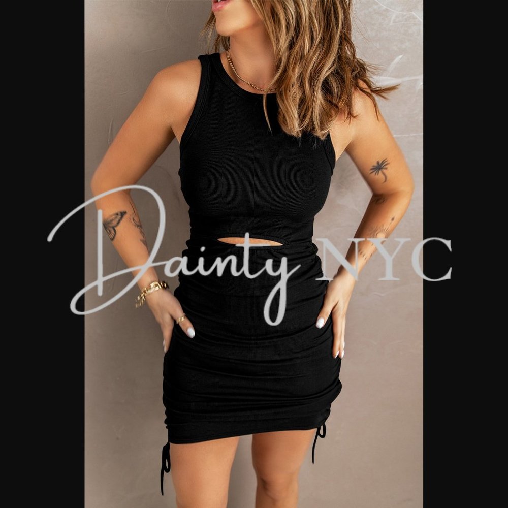 Ruched Drawstring Bodycon Mini Dress BLACK - Picture 3 of 9
